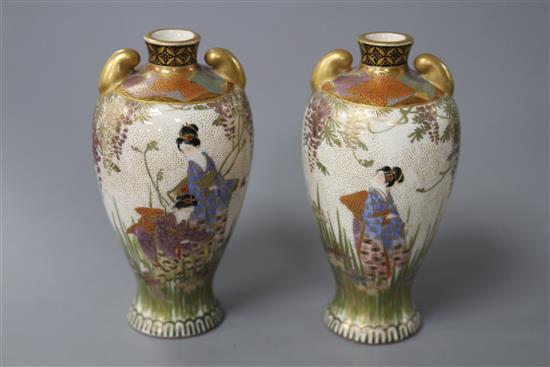 A pair of small Satsuma vases, decorated with geisha in gardens, height 8.75cm